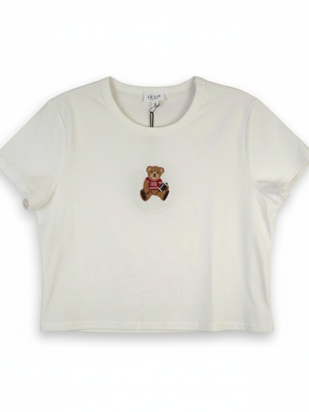 NWT Le Lis Embroidered Football Teddy Bear White Baby Tee Crop Top Womens M
